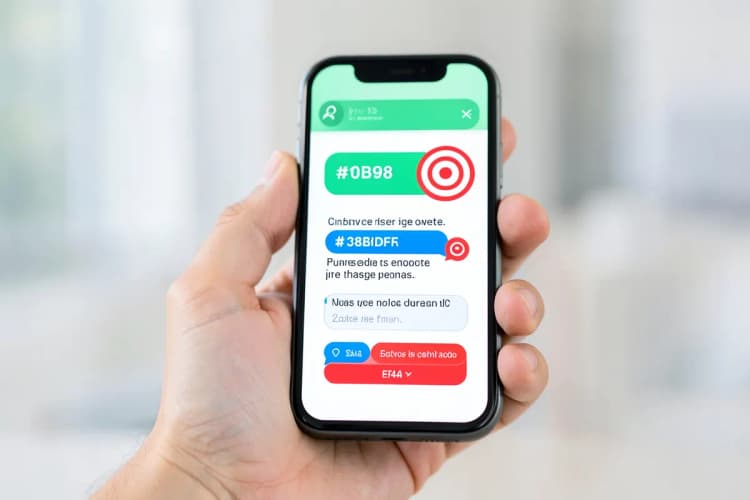 Uma mão segurando um smartphone exibindo um modelo de mensagem de prospecção, com ícones de balão de fala e alvo.