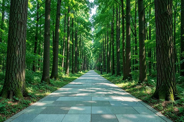Um caminho de pedras se dividindo em duas direções em uma floresta.