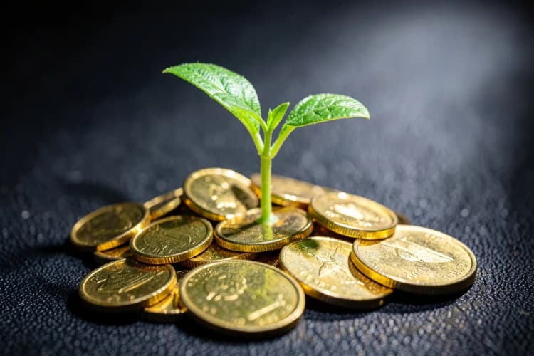 Uma planta pequena e verde brotando de um monte de moedas de ouro.
