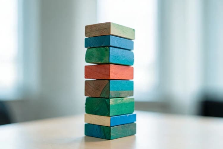 Blocos de madeira empilhados formando uma torre alta e instável.