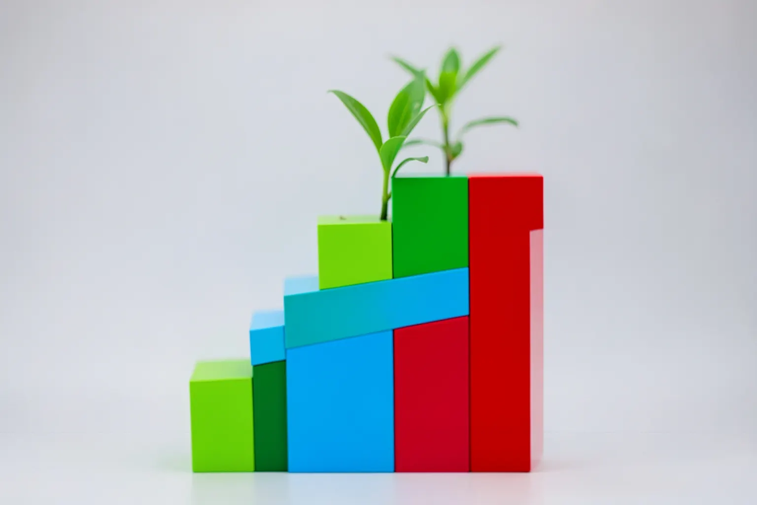 Gráfico de barras ascendente com uma planta crescendo no topo, simbolizando crescimento de vendas.