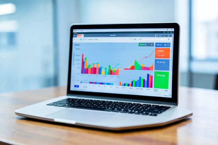 Um laptop exibindo gráficos e dados em uma mesa de escritório.