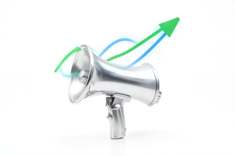 Um megafone emitindo um som em forma de gráfico de vendas subindo, sobre um fundo branco.