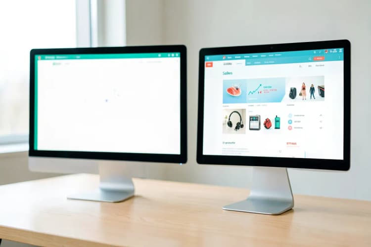 Um site comum aberto em um monitor de computador ao lado de uma página de vendas detalhada em outro monitor.