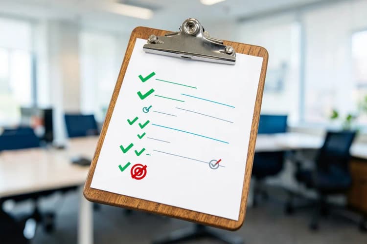 Um checklist com sete itens sendo marcados um a um, com um ícone de alvo no último item.