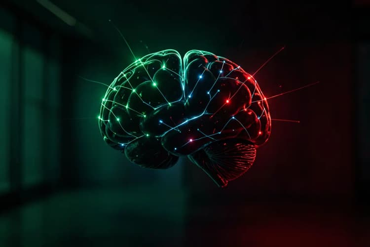 Um cérebro estilizado com conexões de luz brilhantes, representando inteligência artificial.