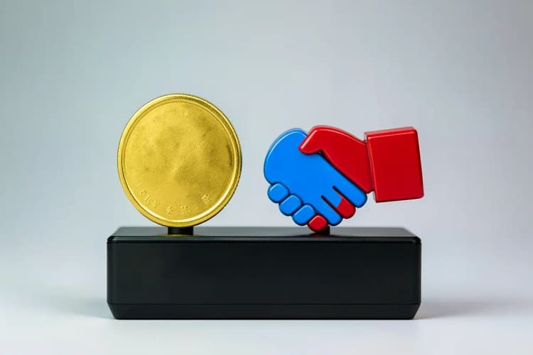 Uma balança com uma moeda de ouro de um lado e um aperto de mão do outro, simbolizando o retorno sobre o investimento.