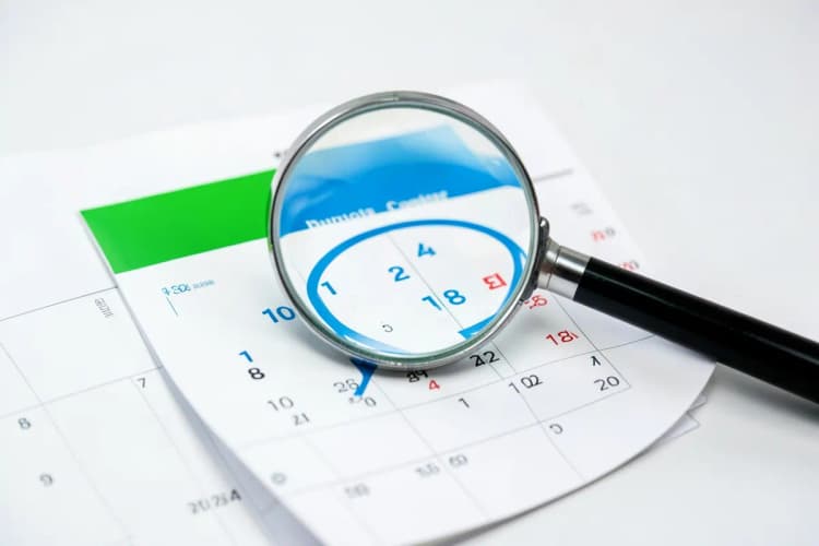 Um calendário com uma data marcada e uma lupa focando nela, indicando o momento certo.
