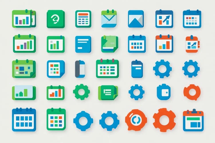 Um conjunto de ícones de ferramentas digitais, como gráficos e calendários, sobre um fundo azul.