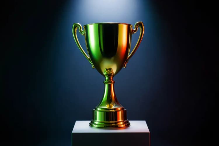 Um troféu dourado em um pódio, representando o sucesso na prospecção de clientes.