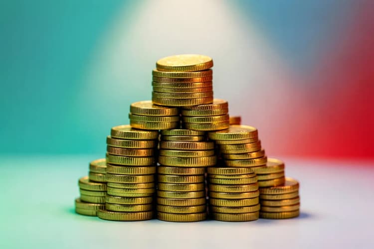 Pilha de moedas de ouro empilhadas em formato de pirâmide, representando o pilar financeiro das vendas.
