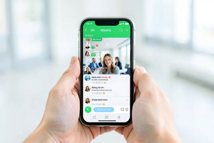 Mãos segurando um smartphone exibindo uma transmissão ao vivo com pessoas interagindo em um chat.