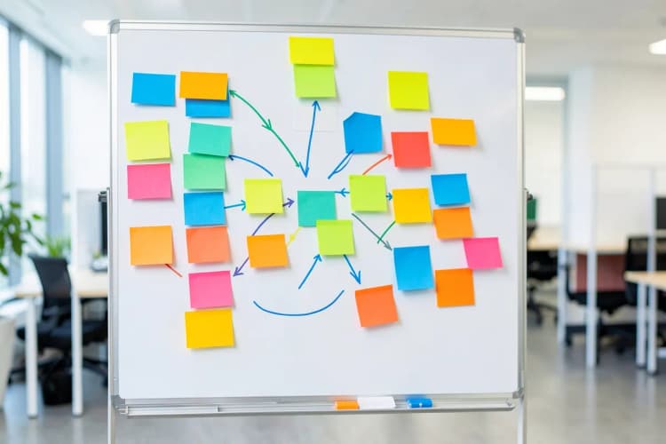 Um quadro branco com um plano de campanha de marketing desenhado com post-its coloridos e setas conectando ideias.