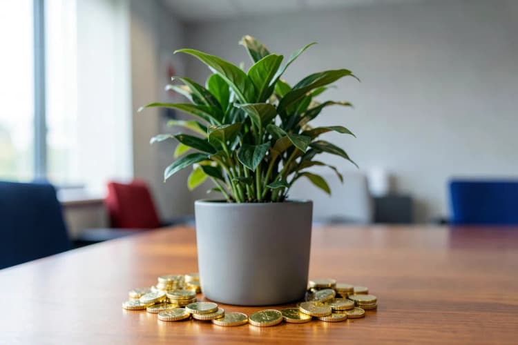 Uma planta crescendo em um vaso com moedas de ouro ao redor, em um ambiente de escritório moderno.