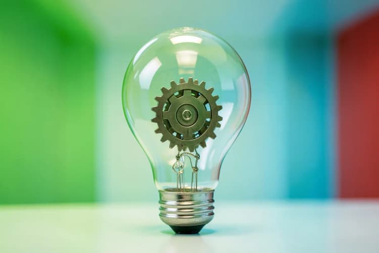 Lâmpada acesa com engrenagens girando dentro, simbolizando ideias e funcionamento.