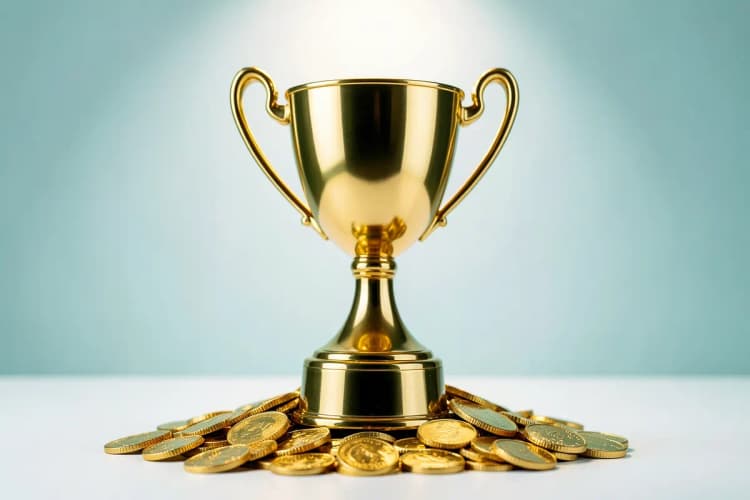Troféu dourado sobre uma pilha de moedas, representando sucesso e recompensa.