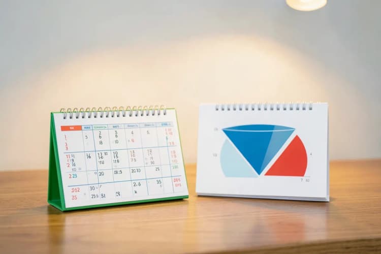 Calendário com marcações e um gráfico de funil ao lado, simbolizando o ciclo de vendas.