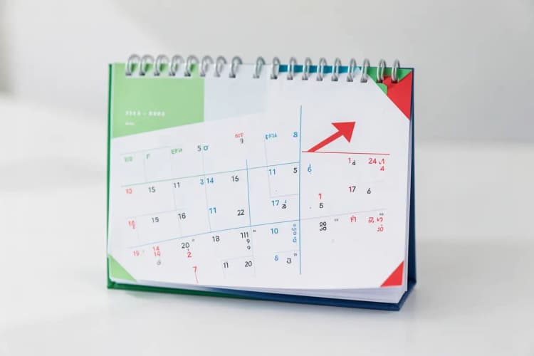 Um calendário aberto com um X marcado em vários dias e uma seta apontando para cima, indicando previsibilidade.