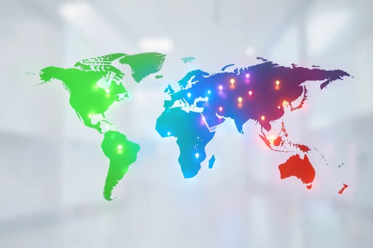Um mapa estilizado com vários marcadores de localização, representando diferentes marketplaces.