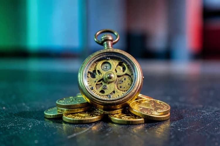 Um relógio de bolso antigo sobre uma pilha de moedas, simbolizando a gestão eficaz do tempo e dinheiro em vendas online.