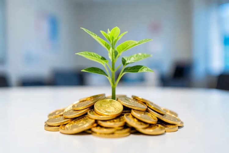 Uma planta crescendo de um monte de moedas, representando o aumento da receita através de vendas online.