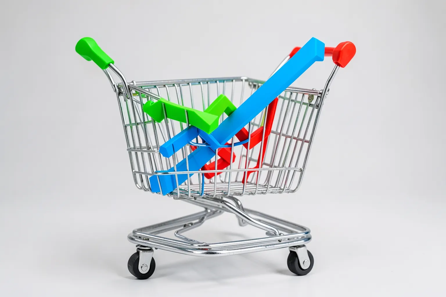 Carrinho de compras estilizado com um gráfico de crescimento subindo, simbolizando vendas online.