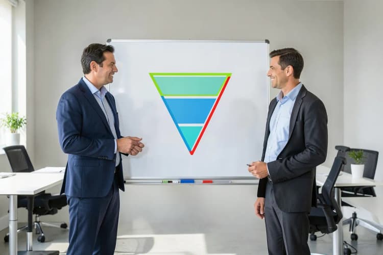 Pessoas analisando um gráfico de funil de vendas em um quadro branco