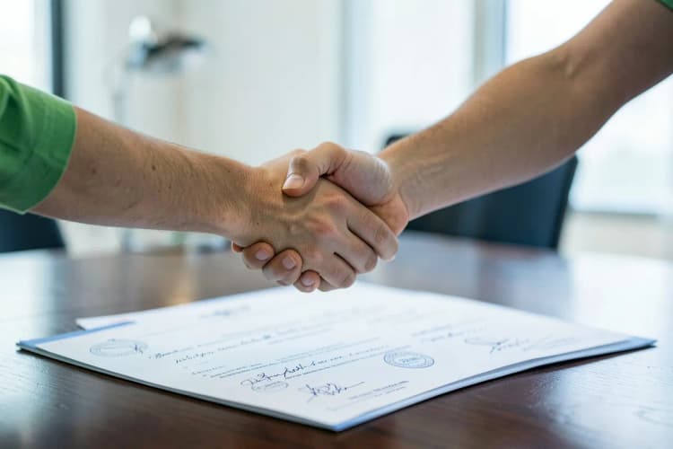 Mãos segurando um aperto de mão sobre uma mesa com contratos