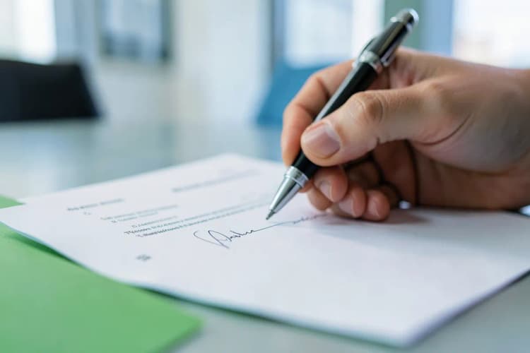 Documento de contrato sendo assinado com uma caneta